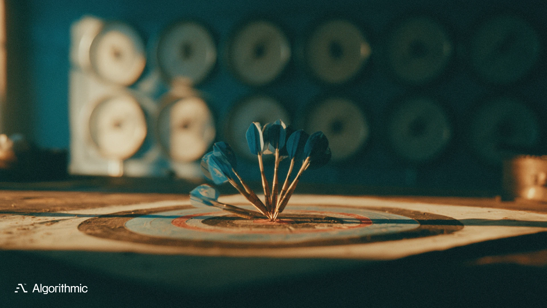 An archery target with a tight cluster of darts before a wall of blank gauges, illustrating AI production readiness beyond model accuracy.