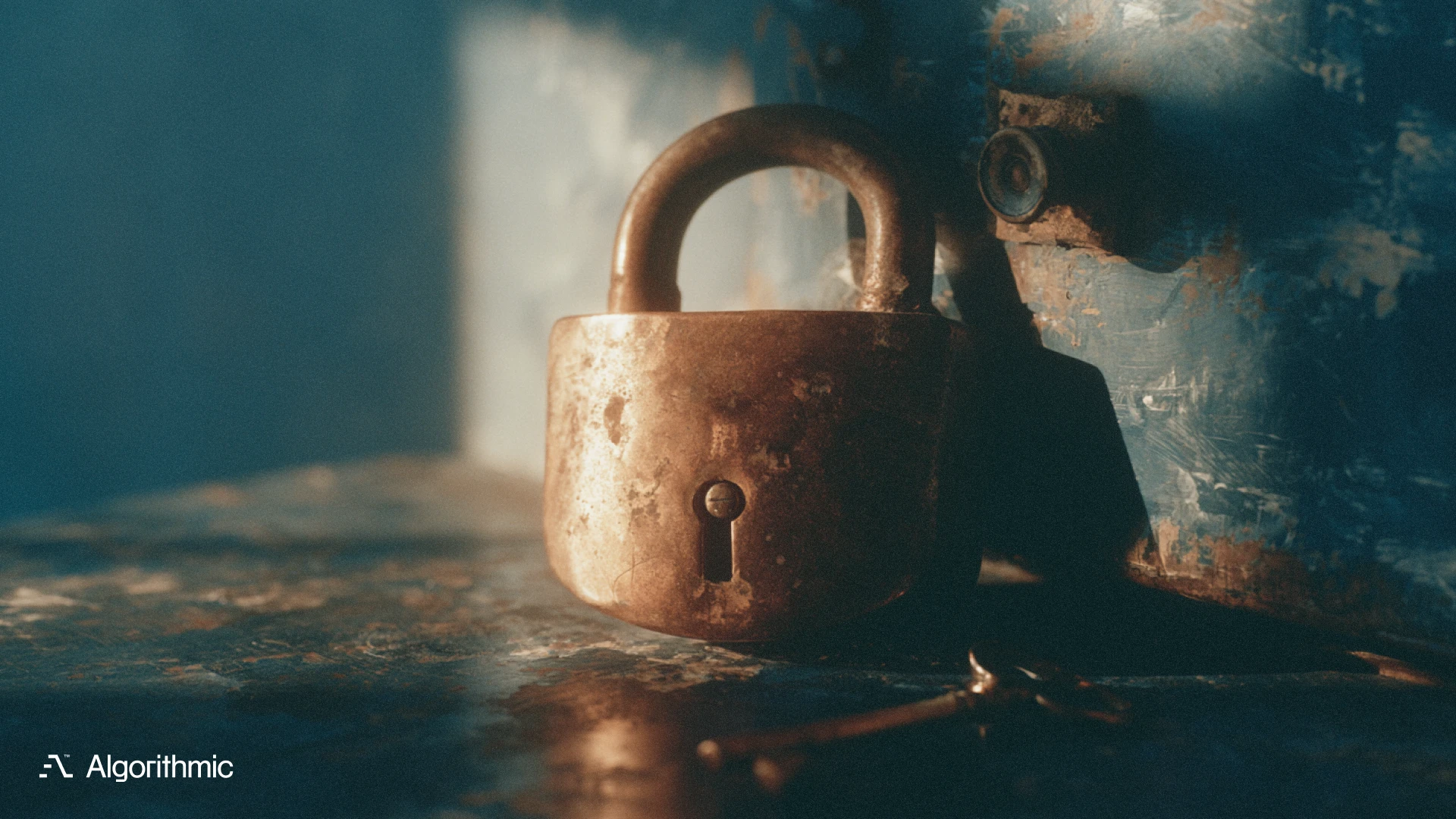 A closed brass padlock with its key resting just out of reach, illustrating a build versus buy decision that prices the exit path and vendor lock-in.