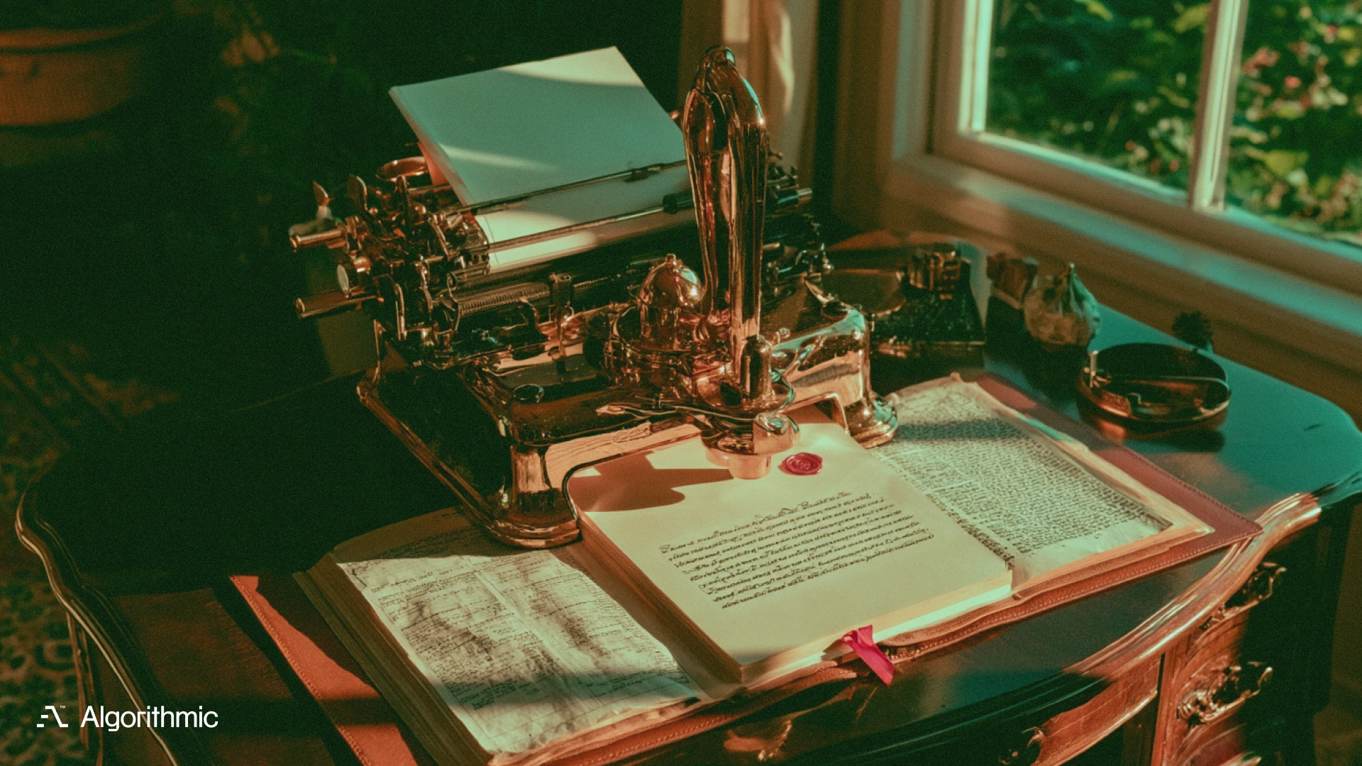 Brass notary embossing press certifying a stamped document over a ledger, illustrating data lineage implementation and audit-ready evidence from ingestion to audit.