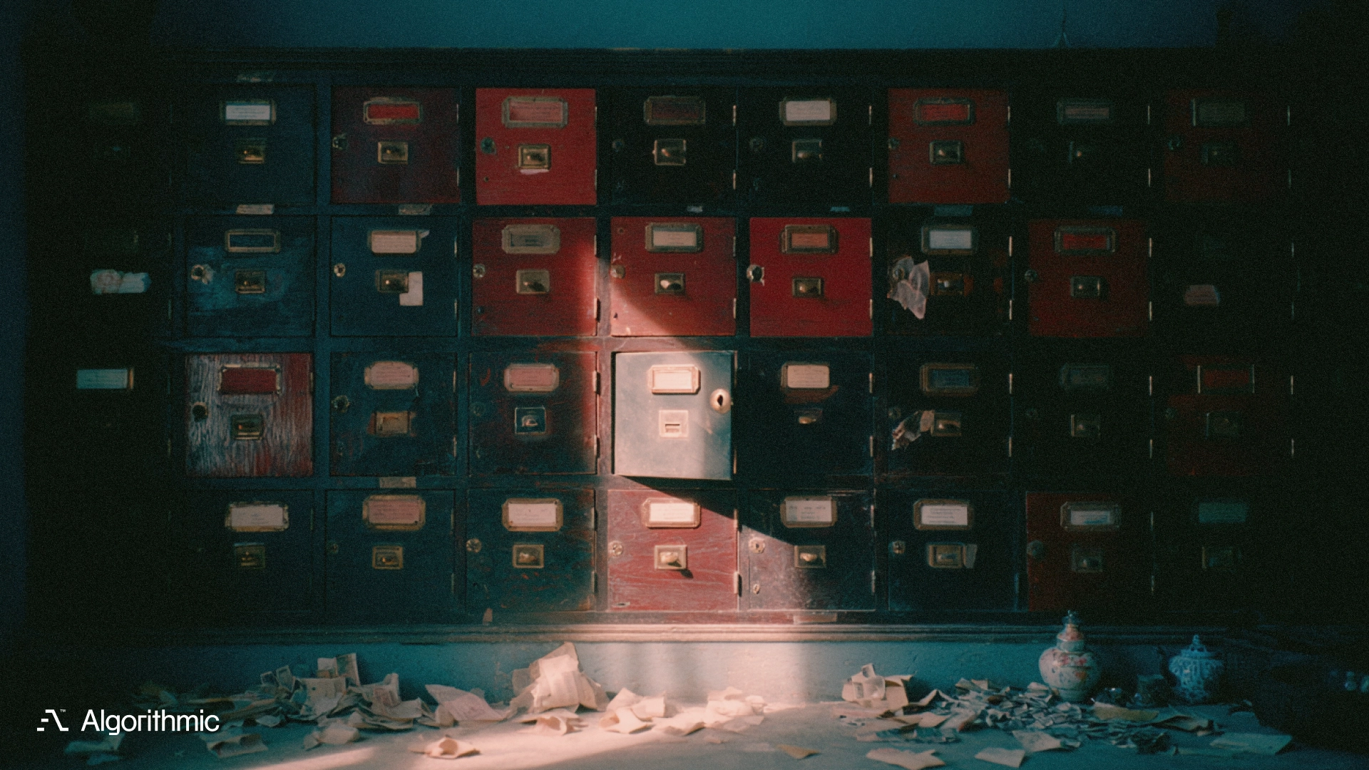 A wall of labeled brass pigeonholes, illustrating data platform team structure and clear metric ownership for trusted analytics.