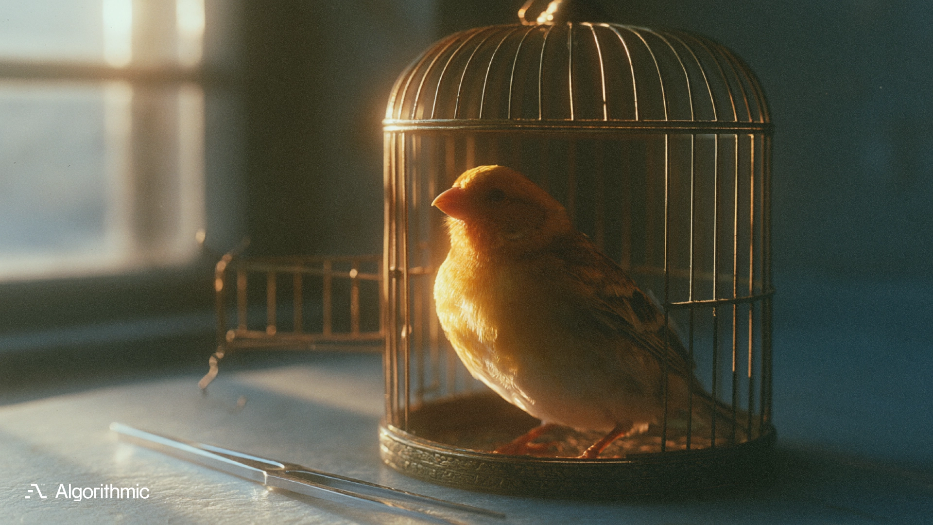 A yellow canary in a brass birdcage beside a tuning fork, illustrating canary releases and rollback discipline in LLM fine-tuning.