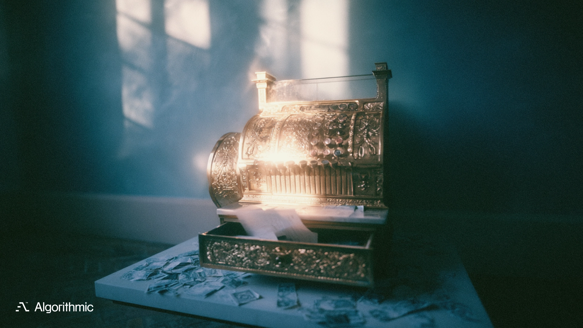 An ornate brass cash register, illustrating ML monitoring that prices each failure type by its real cost.