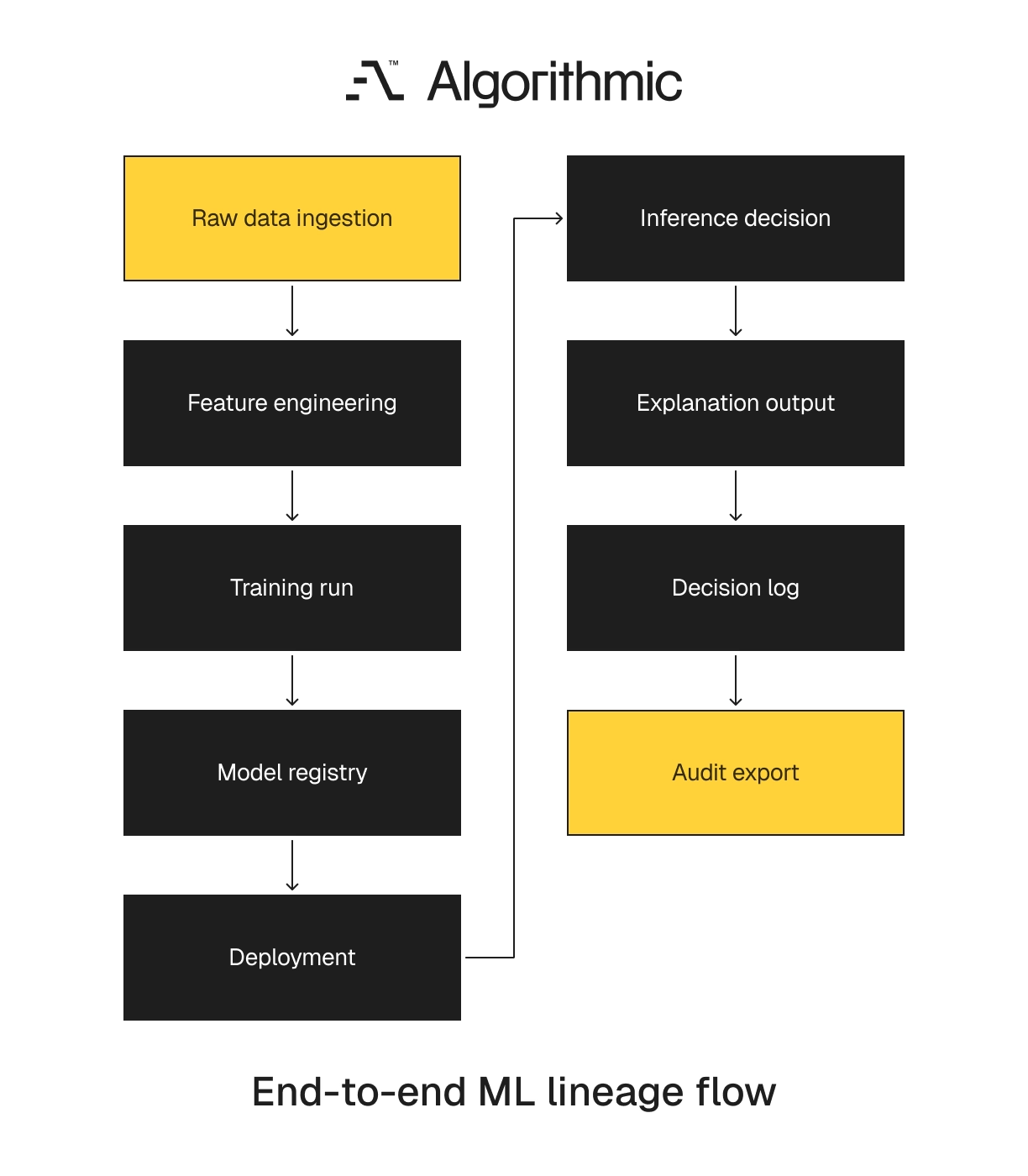 End-to-end ML lineage from raw ingestion through inference to audit export.