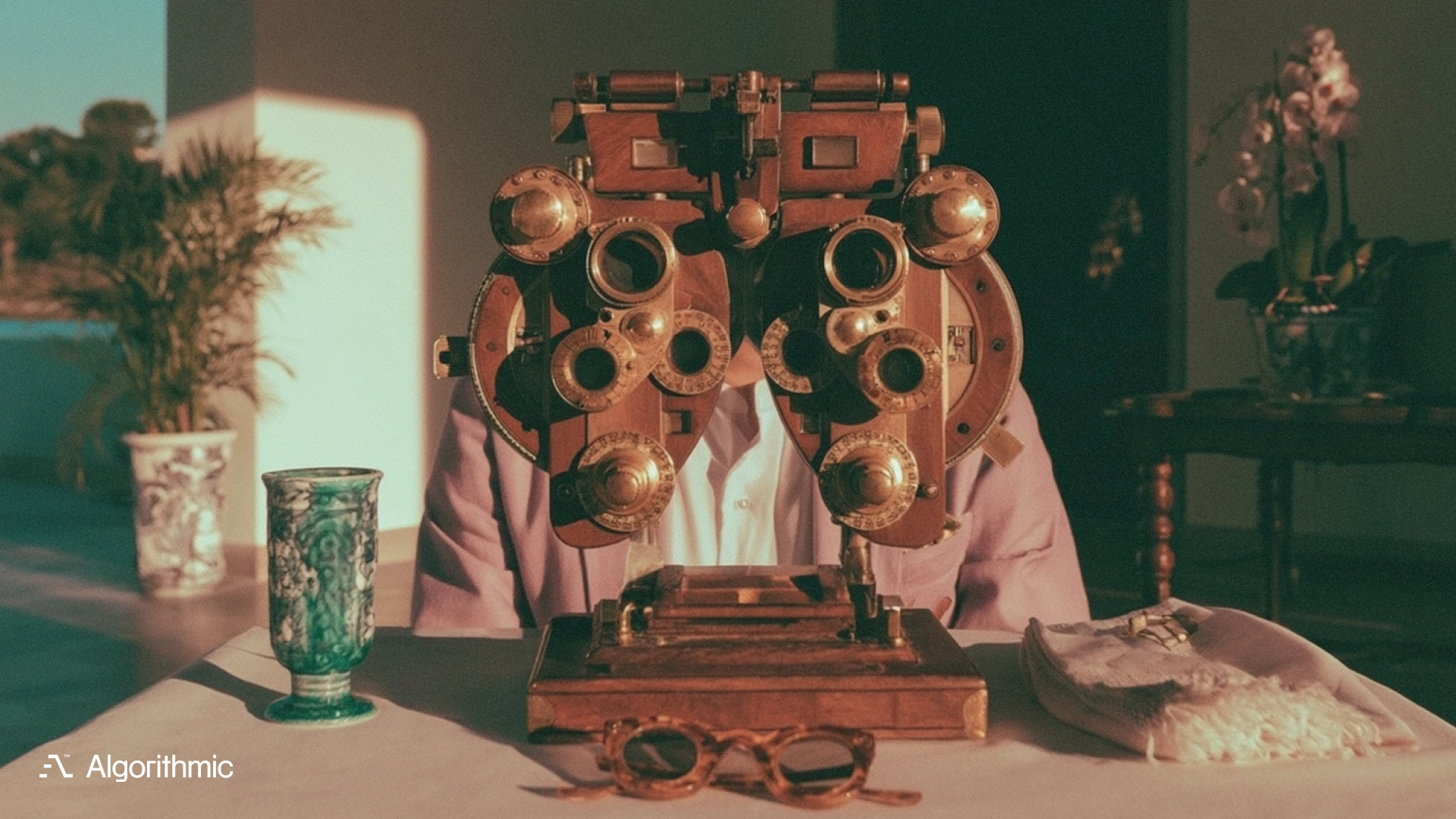 An optometrist's phoropter comparing two lenses, illustrating search relevance testing with A/B evaluation before ranking changes.