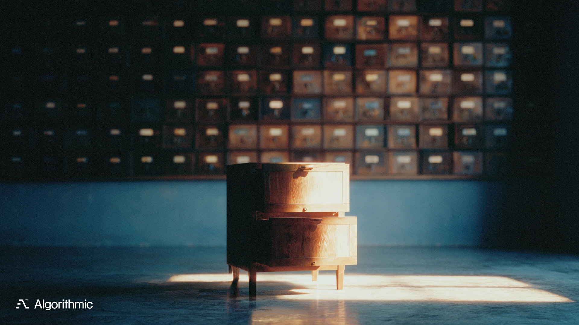 A lit card-catalog cabinet before a wall of drawers, illustrating vector database architecture beyond ANN search in production.
