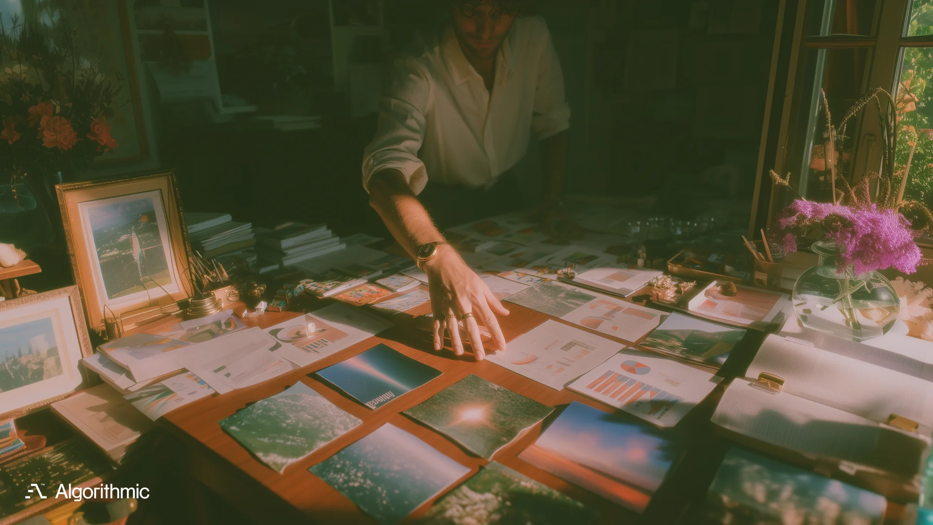 Person arranging mixed-format documents on a table, including photographs, charts, and reports, representing the variety of visual and text content processed by multimodal RAG systems.
