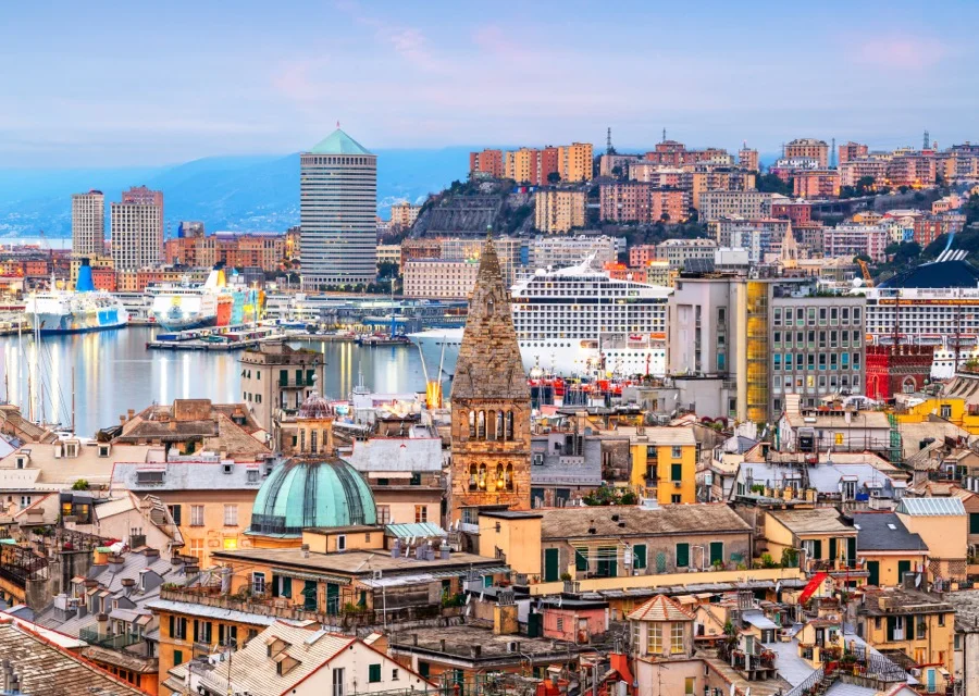 Genova, Italy downtown skyline towards the port