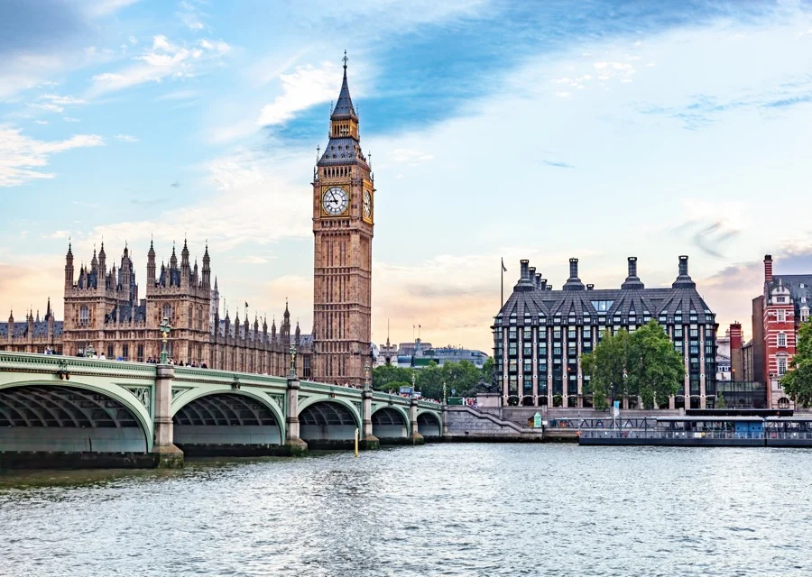 Big Ben and Westminster Bridge on the River Thames in London
