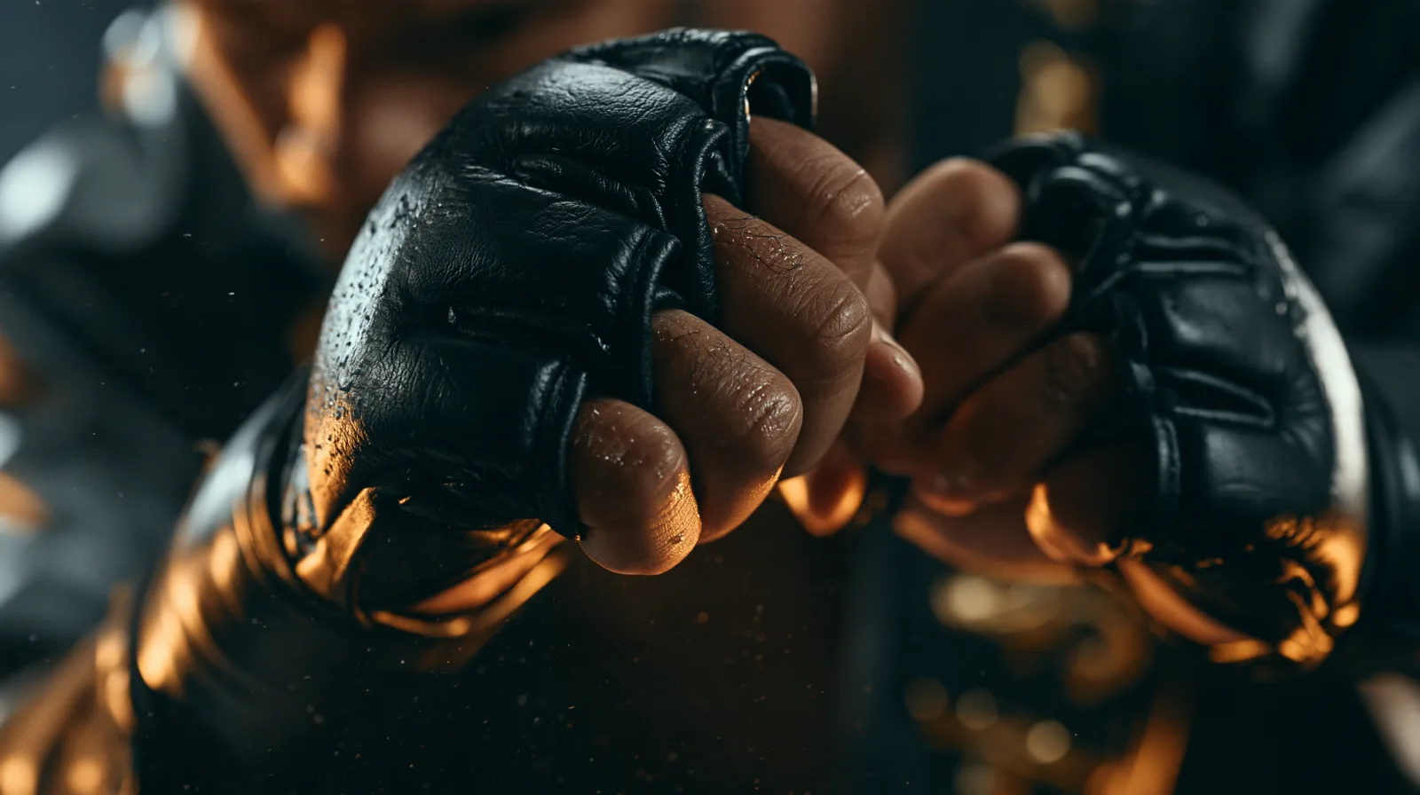 Close-up of an MMA fighter's gloved fists in dramatic light, illustrating an MMA fight outcome prediction model.