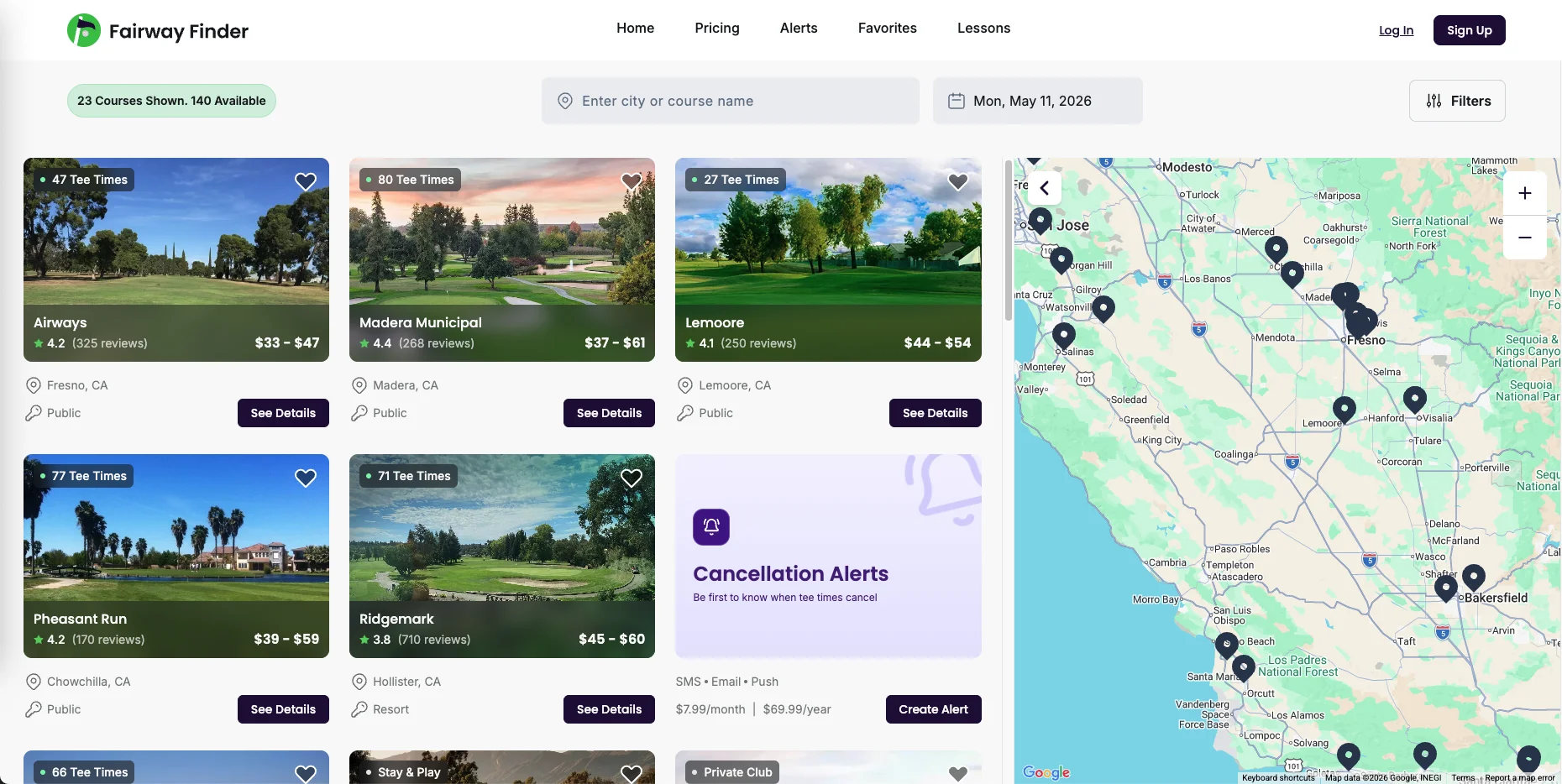Fairway Finder map search showing tee times by location, time, and price