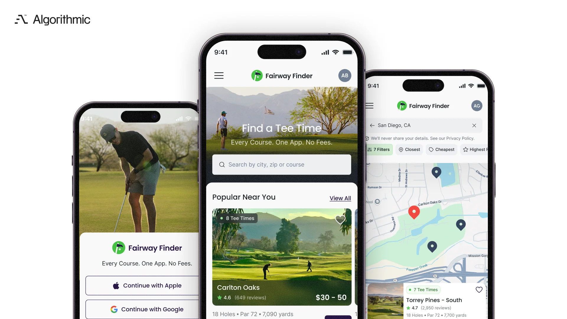 Fairway Finder golf tee time discovery app showing course search and booking across 50 US markets