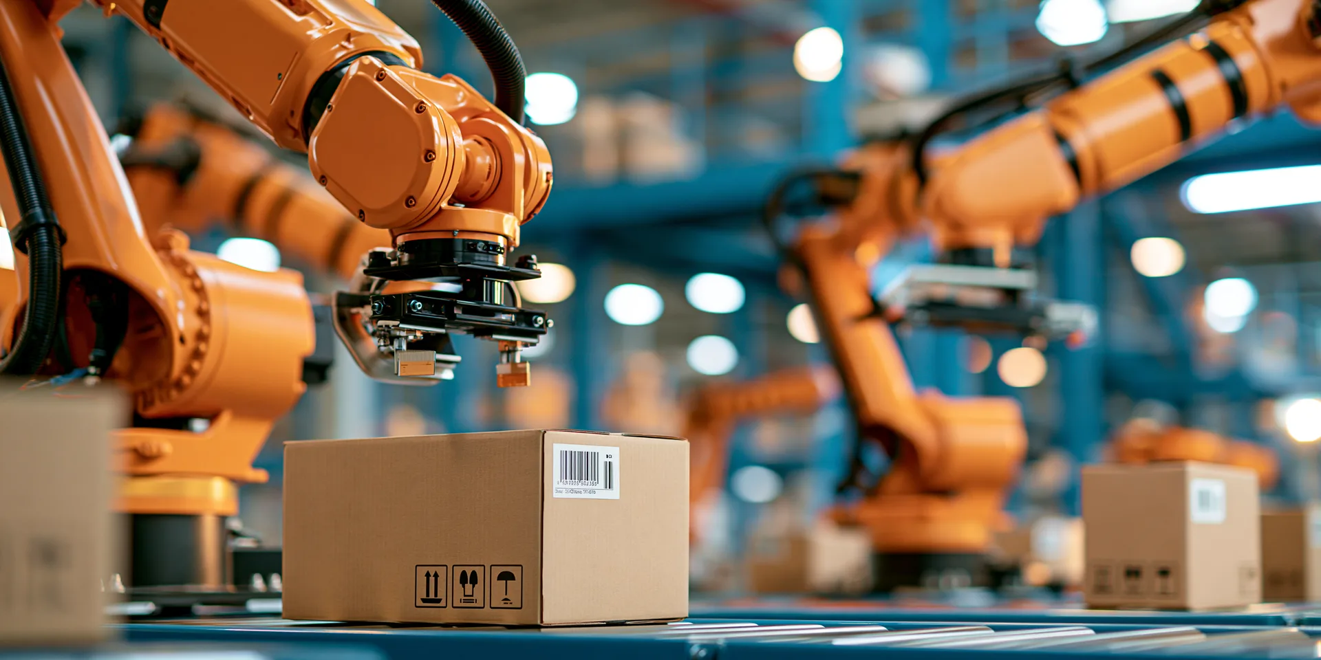 Robotic arms with vision cameras inspecting cardboard packages on a factory conveyor line.