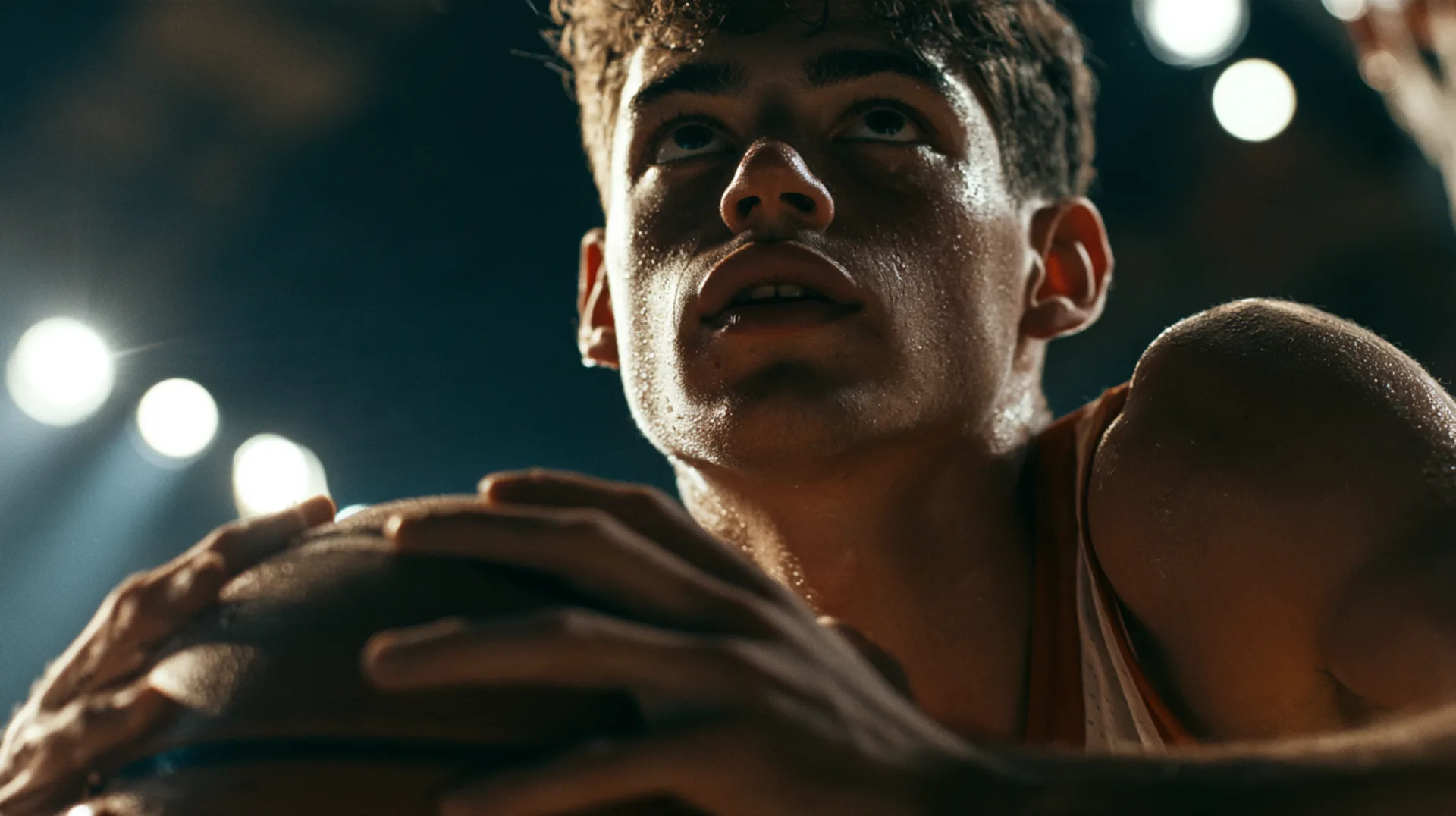 A young college basketball player gripping the ball under bright arena lights, eyes up toward the basket.
